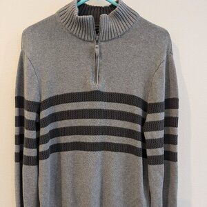 Tahari Men's Gray with Black Stripes 1/4 Zip Pullover Wool Sweater Size L